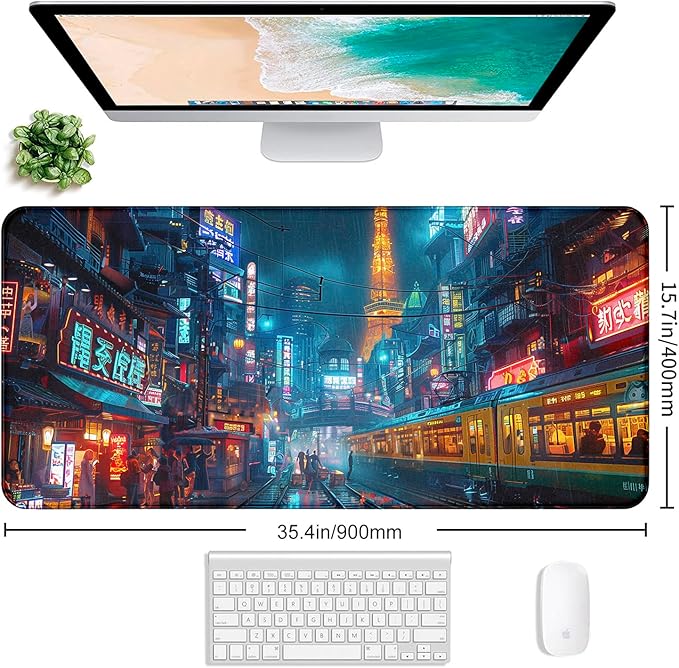 Japanese Anime Retro City Night Scene Mouse Pad, Non Slip Base and Stitched Edge Design, Suitable for Office and Home Desktops, Size 35.4 x 15.7 Inches