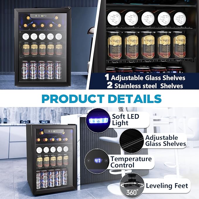 26 Bottle Wine Cooler, 95 Cans Beverage Refrigerator, 2.6 cu.ft Drink Fridge Digital Temperature Control for Beer, Soda,Water, Drink Cooler for Home Office Bar