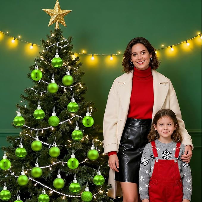 Set of 24 Small Green Christmas Ornaments Balls for Christmas Tree, 1.2 inch Mini Green Ornaments for Mini Tree, Tiny Plastic Shatterproof Hanging Bulbs Xmas Valentine Party Indoor Outdoor Decorations