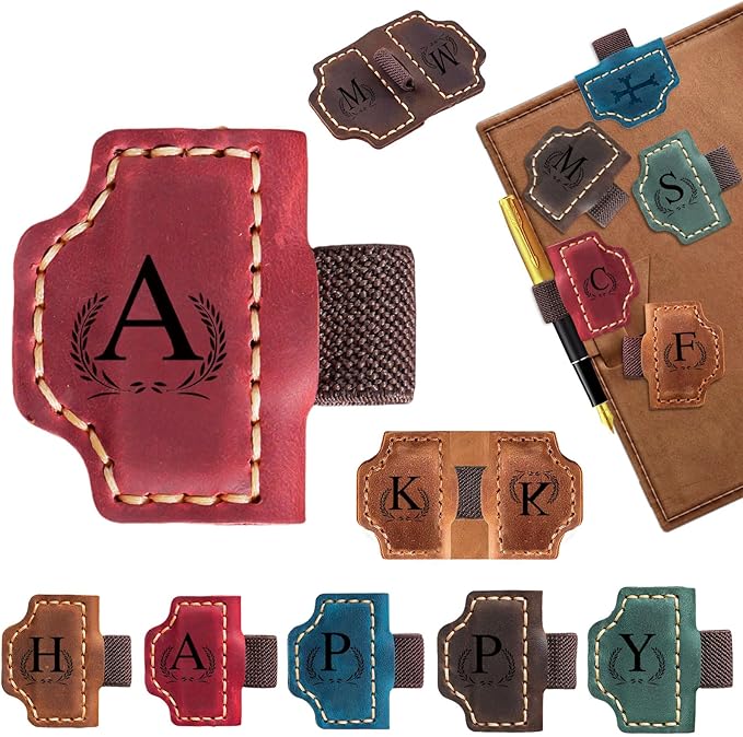 Custom Bygone Mark Bookmark with Pen Holder, 26 Letters Name Initial Personalized Magnetic Leather Bookmark, Gifts for Book Lovers, Readers, Travelers, Leather Book Marks (Wine Red, A)