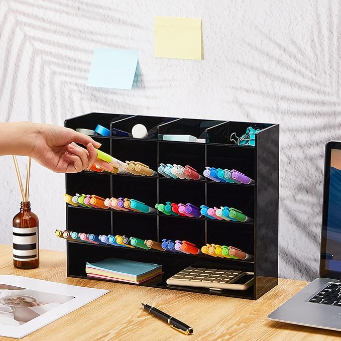 Acrylic Pen Organizer Storage for 200 Markers Vertical Marker Organizer Acrylic Pen Display Holder for Office Desk Desktop Stationery Pencil Storage, Black, 13 x 4 x 10.2 Inch