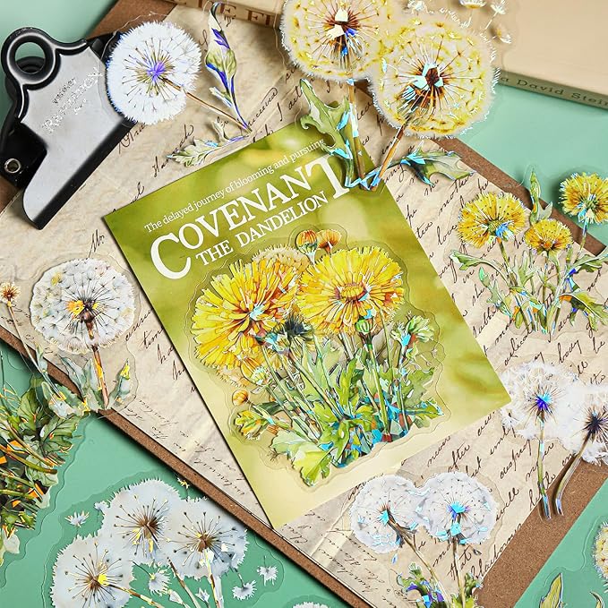 Dandelion Floral PET Stickers Set, 60PCS Holographic Botanical Flower Stickers for Scrapbooking, Journaling, DIY Crafts, and Art Supplies