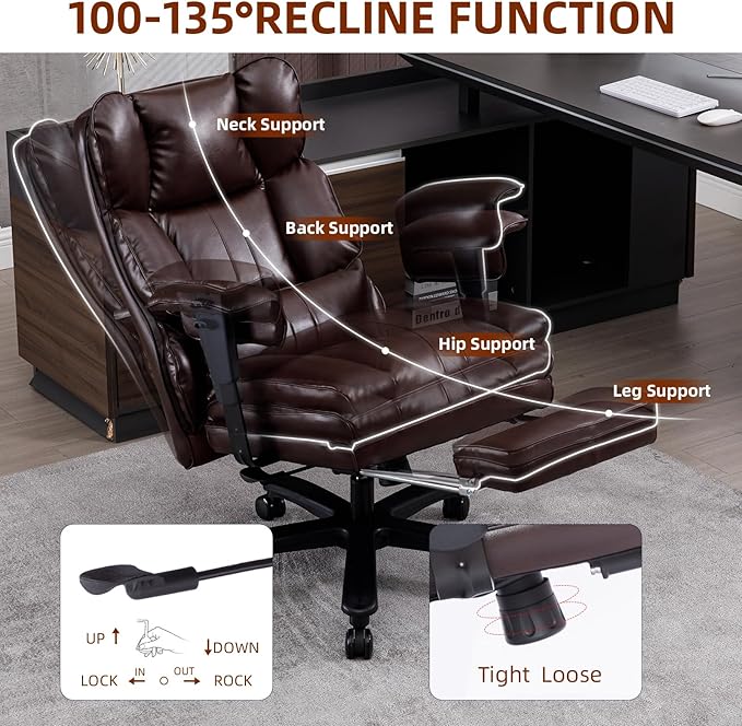 Big and Tall Office Chair 500lbs Wide Seat Executive Office Desk Chair High-Back Office Task Chair with Foot Rest, Ergonomic Lumbar Support Computer Office Chairs for Heavy People(Brown)