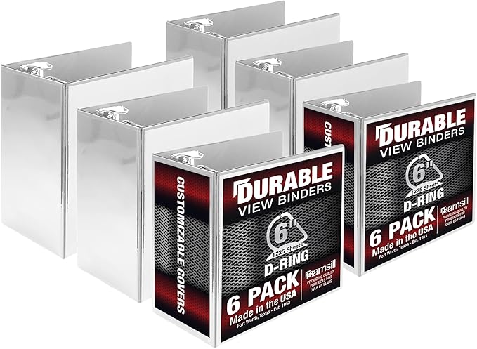 Samsill Durable 6 inch 3 Ring Binder, Made in USA, Locking D Ring FSC 100% Recycled Chipboard, Black, White, 6 Pack