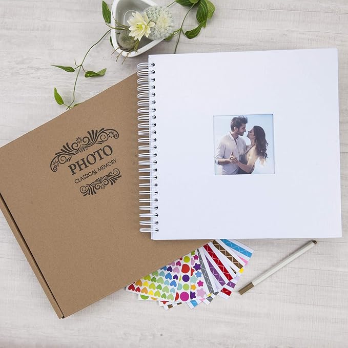 12 x 12 Inch Large DIY Scrapbook Photo Album with Window Design Cover 80 Pages Craft Paper Memory Book for Weeding Anniversary Travel and Baby (White)