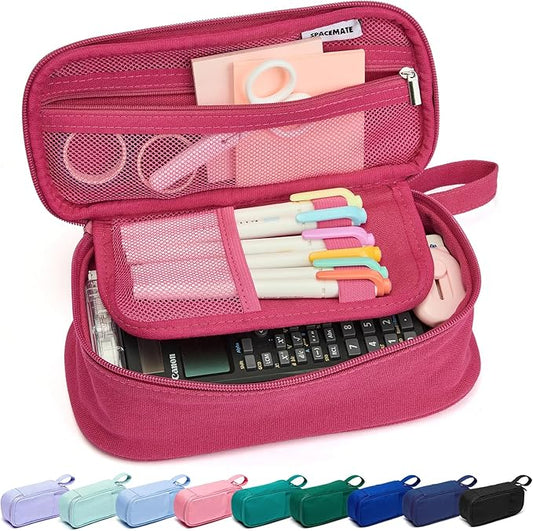 Pencil Case Pouch Box Bag School Supplies Girls Boys Kids, Cute Preppy Stuff Large Big Capacity Aesthetic Pen Organizer, Back to College Stationary, Dark Pink, Heavy Duty Canvas, 1800ml