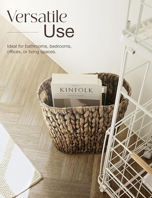 4 Gallons Wicker Waste Basket For Bathroom - Water Hyacinth Wicker Trash Can – Kitchen, Home Bathroom Garbage Can, Oval Magazine Basket - Desk Trash Can, Office Garbage Can with Handles (Black)