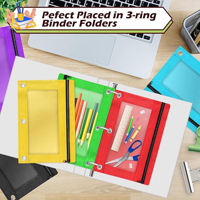 Pencil Pouch for 3 Ring Binder, 50 Piece Bulk 3 Holes Zipper Pencil Pouches in 5 Assorted Colors, Clear Durable Pencil Case for School, Classroom, Office Supplies