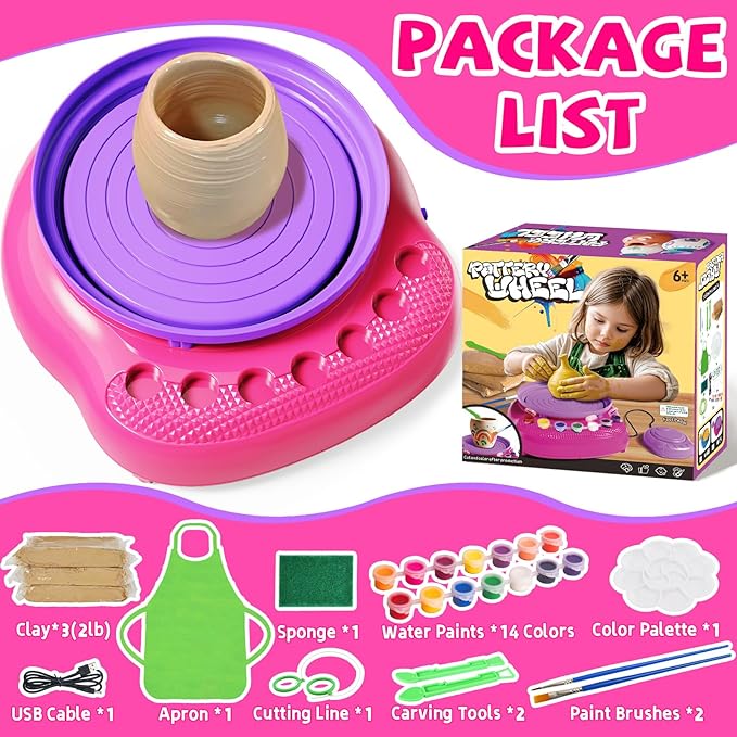 Vinkp Pottery Wheel for Kids - Complete Pottery Painting Kit Arts and Crafts for Kids Ages 8-12 with Air Clay Art Supplies for Girls Boys Toys Birthday Christmas Gifts for 6 7 8 9 10 11 12 - Pink