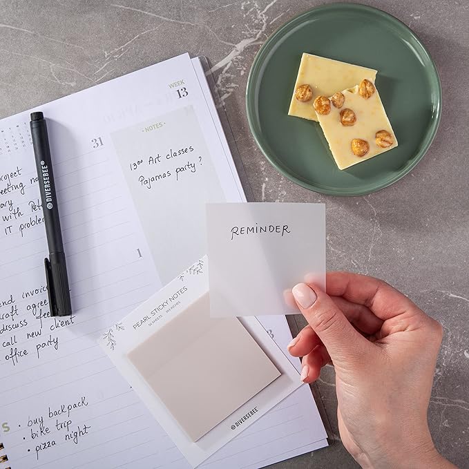 DiverseBee 50 Sheets Pastel Transparent Sticky Notes, 3x3” Clear Sticky Tabs, Translucent Page Flags Book Markers Stickers, Planner Accessories, Bible Journaling Study Office School Supplies (Pearl)