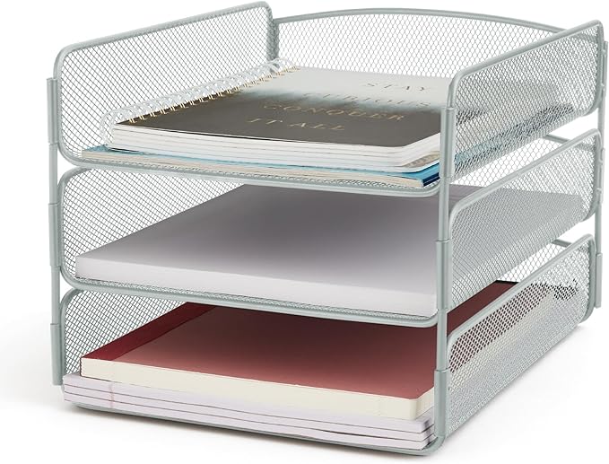 Safco Onyx Desktop Organizer, 3-Tier Paper Tray, Durable Steel Mesh Construction,Silver