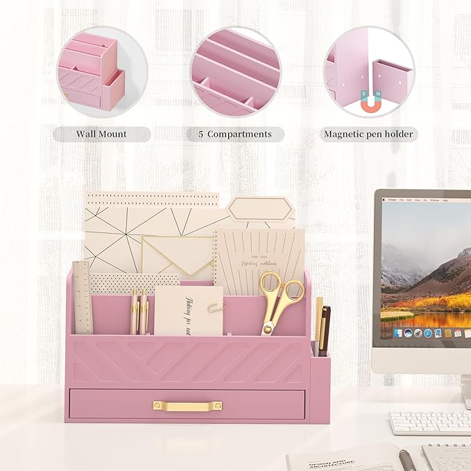 Bamboo Desk Organizer Mail Holder Countertop Wood Desk Drawer Tabletop Storage Box Pen Holder Letter Sorter Makeup Organizer for School Home Office Supplies with Pen Holder Pink