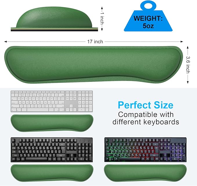 Dapesuom Enlarge Keyboard Wrist Rest, Memory Foam Keyboard Wrist Cushion for Computer Desk Mats Support, Typing Pain Relief Ergonomic Mouse Pad Rests with Non-Slip Base for Gaming Laptop, Forest Green