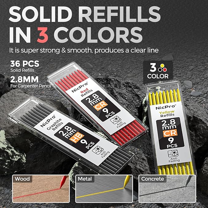 Nicpro CP3000 Carpenter Pencil with Sharpener, 2 Pack Mechanical Pencils Set with 38 Refills, Deep Hole Marker for Construction, Heavy Duty Carpenter Tools for Architect Marking (Black, Red)