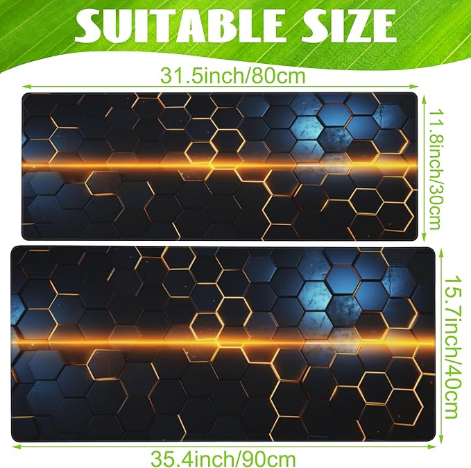 Large Gaming Mouse Pad,Golden Lines Honeycomb Technology Desk Mat,Honeycomb Technology Desk Pad,Extended Computer Keyboard Mouse Pad with Non-Slip Base and Stitched Edge,35.4"x15.7"