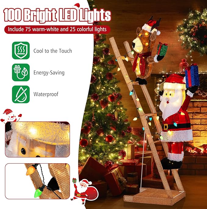 Tangkula 5.5 FT Lighted Reindeer & Santa Claus on Ladder, 3D Pre-Lit Indoor Outdoor Christmas Decoration with 100 LED Lights, Zip Ties and Ground Stakes, Xmas Holiday Decoration for Home Yard Porch