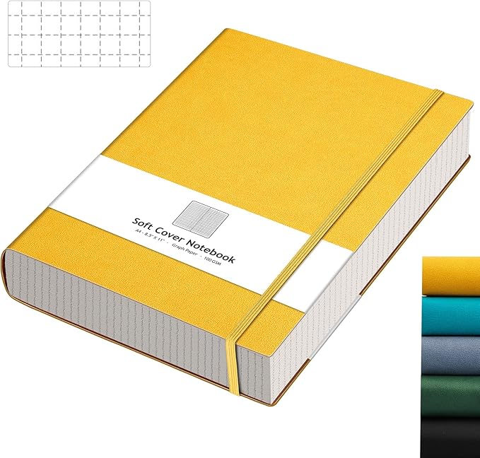 AHGXG Graph Paper Notebook - Grid Paper Notebook Large A4 8.5''×11'', 320 Pages Thick Journal, 100gsm Thick Graph Paper, Leather Softcover, Inner Pocket - Yellow