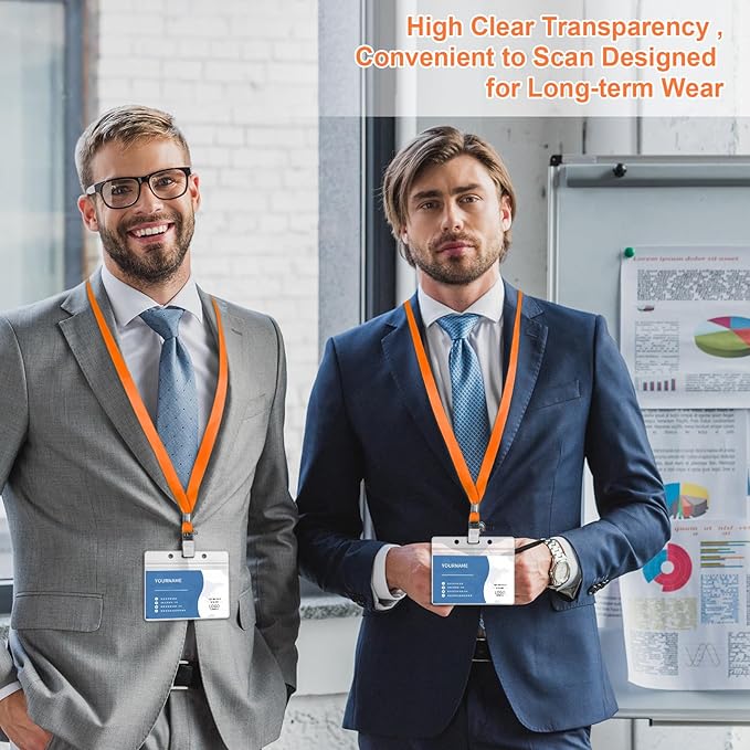 100 Pcs Lanyards for ID Badges and 100 Pcs Clear Name Tag Holders Reusable Lanyard with Clip Plastic ID Card Badge Holder Name Badges for Adults Kids Business School Office Supplies (Orange)