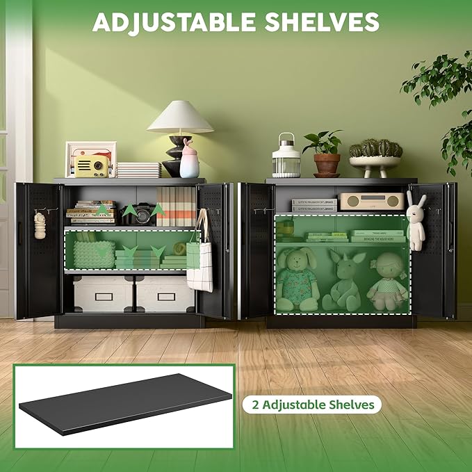 Aobabo 31.5" H Small Garage Storage Cabinet with Pegboard,Lockable File Storage Cabinet with 2 Adjustable Shelves for Garage, Office, School, Assembly Require, Black