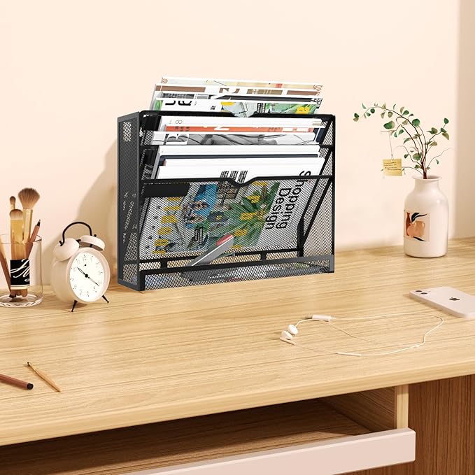 4 Tier Magnetic File Holder, Large Capacity Mesh Hanging Wall Organizer Vertical Magnetic Hanging File Organizer, Magnetic File Folder Holder for File Cabinets, Office, Whiteboard (Black)