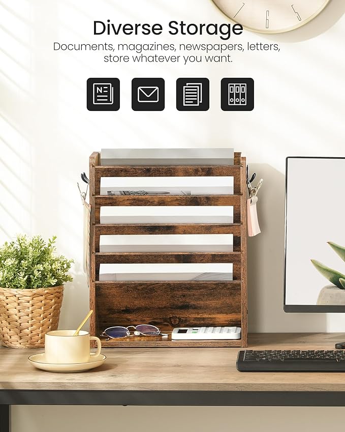 Wall File Organizer, 6-Tier Vertical Mount Hanging Holder with 2 Side Hooks, Vintage Wooden Magazine Storage Crate with Bottom Flat Tray, Desk Organizer, for Office, Home, Rustic Brown MWJ01FG