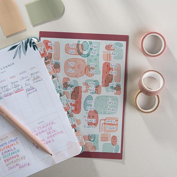DiverseBee Laminated Planner - 24 Peel and Stick Tabs (12 Monthly, 4 Blank) - Geometric Dividers