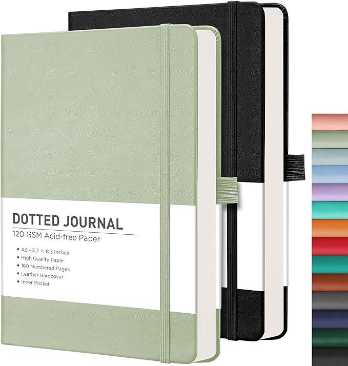 RETTACY Bullet Dotted Journal Notebook, 2-Pack, 160 Numbered Pages per Pack, A5 Medium Size (5.7'' x 8.3''), 120 GSM Thick Paper, Leather Hardcover, for Bullet Journaling (Black & Light Green)
