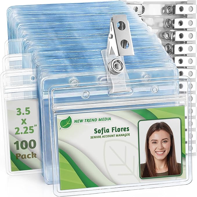 EcoEarth Horizontal PVC ID Badge Holder with Metal Clips & Vinyl Straps with Soft Edge (Sealable Fits 3.5x2.25 inch Inserts) (Clear 100-Pack), Waterproof ID Holder Bulk, ID Card Holder, Name Tag