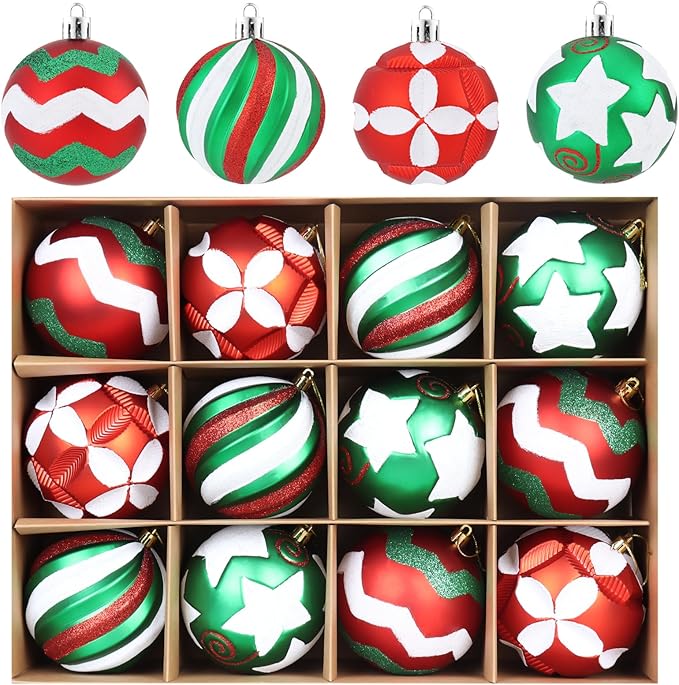 4 Inch Red Green White Christmas Ornaments, 12Pcs Large Shatterproof Christmas Bulbs Ornaments, Big Christmas Balls Hanging Decorations for Christmas Trees Holiday Parties Malls (Red & Green & White)