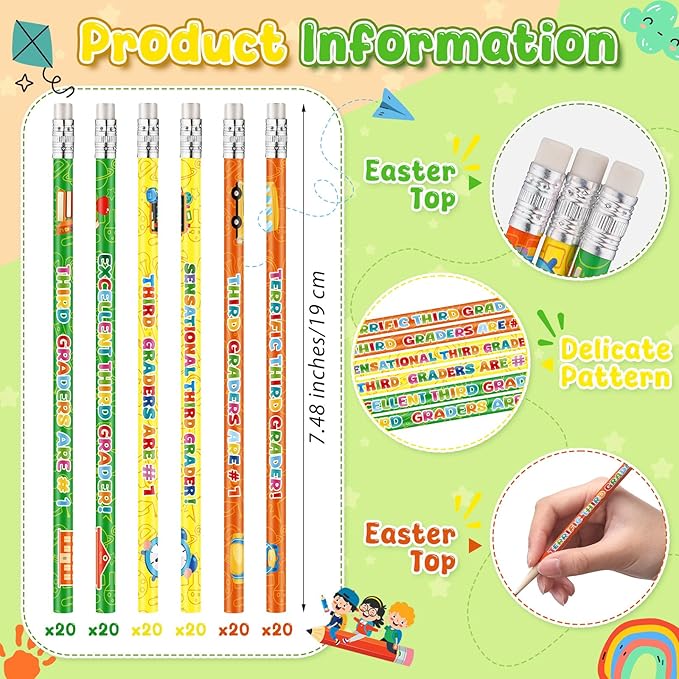 Tenceur 120 Pcs 3rd Graders Pencils, 3 Motivational Cute Pencils Bulk with Erasers for Kids Student Teacher Classroom Reward Back to School Supplies