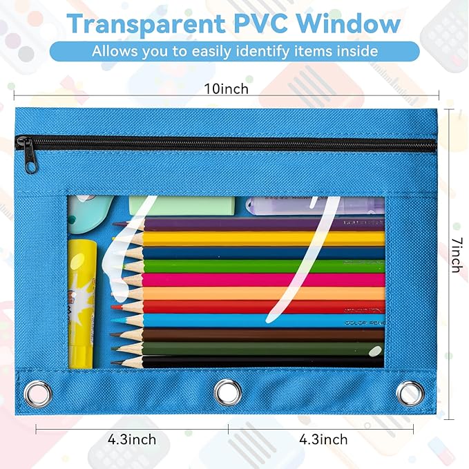 V-Opitos Pencil Pouch for 3 Ring Binder, Bulk 6 Pack 3-Holes Zipper Pencil Pouches in Assorted Colors, Sturdy and Durable Cloth Pencil Case with Clear Window for Office School College Supplies