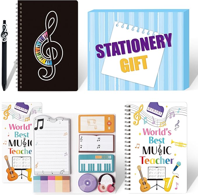B1ykin Stationery Gift Set - 3Pcs Notebook Sticky Notes, A5 Spiral Notebooks & 550 Sheets Cute Sticky Notes with Pens Kit for Office School Teacher Thanksgiving Supplies (Music Teacher)