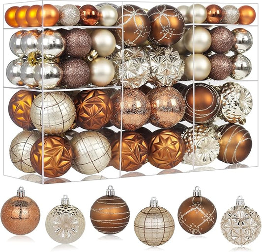 100ct Brown and Gold Christmas Ornaments Set, Shatterproof Fall Thanksgiving Tree Decorations Elegant Champagne Plastic Assortment Xmas Ball Ornaments for Holiday Decor (Brown & Gold)