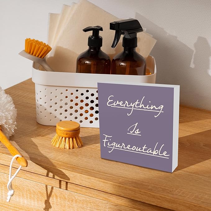 Inspirational Purple Office Decor, Every Thing is Figure Outable Motivational Office Accessories Wooden Box Sign, Positive Gifts for Women, Men Wall Desk Shelf Tabletop Decoration 5x5In