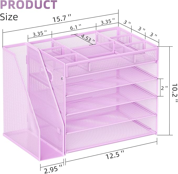 Marbrasse 5-Tier Desk Organizer with File Holder,Paper Letter Tray Organizer,Desktop File Organizer with Adjustable Compartments,Mesh Desk Organizers and Accessories for Office Supplies,Purple