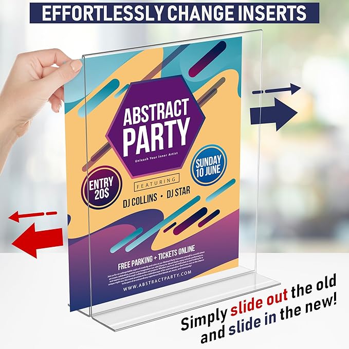 Dasher Products Double-Sided Picture Frame 5x7, 6-Pack Acrylic Clear Frames for Photos, Table Menu Stand, Portrait Ad Display, Bottom-Load Display, and Table Numbers for Weddings or Events