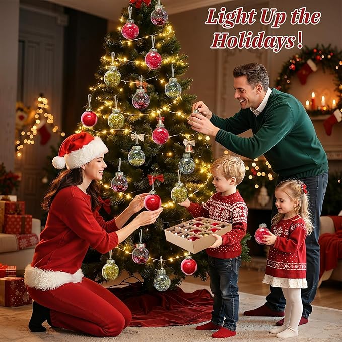 DeckTheHalls Christmas Ball Ornaments Set, 16-Piece Clear Xmas Decor for Crafts, Reusable DIY Festive Tree Decorations, Easy Hang Unbreakable Ornaments for Holiday, Party, Wedding (Red & Gold)