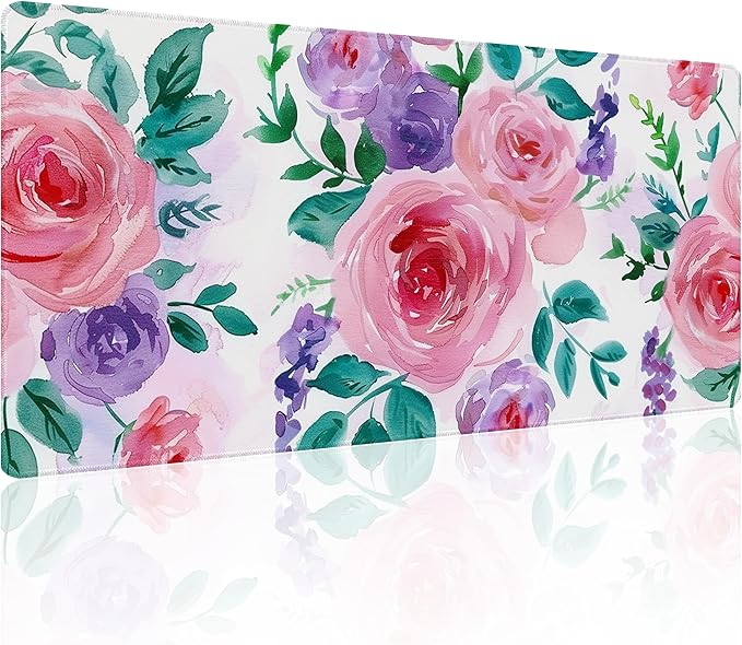 31.5”x11.8”Large Gaming Mouse Pad for Desk, Mouse Mat with Seamed Edges, Waterproof Desk Pad, Non-Slip Rubber Base, Keyboard Pad Computer Mat, Big XL Mousepad-Rose Watercolor Painting