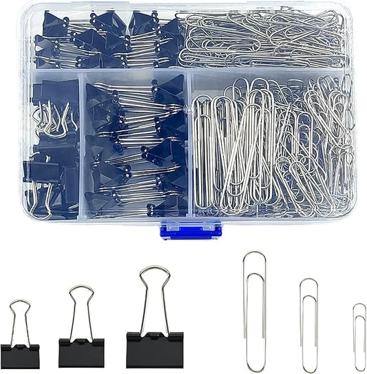 Binder and Paper Clips Set, 340 pcs Assorted Sizes in Container With Compartments - Silver Paper and Black Binder Clips for Home, School, Office Supplies