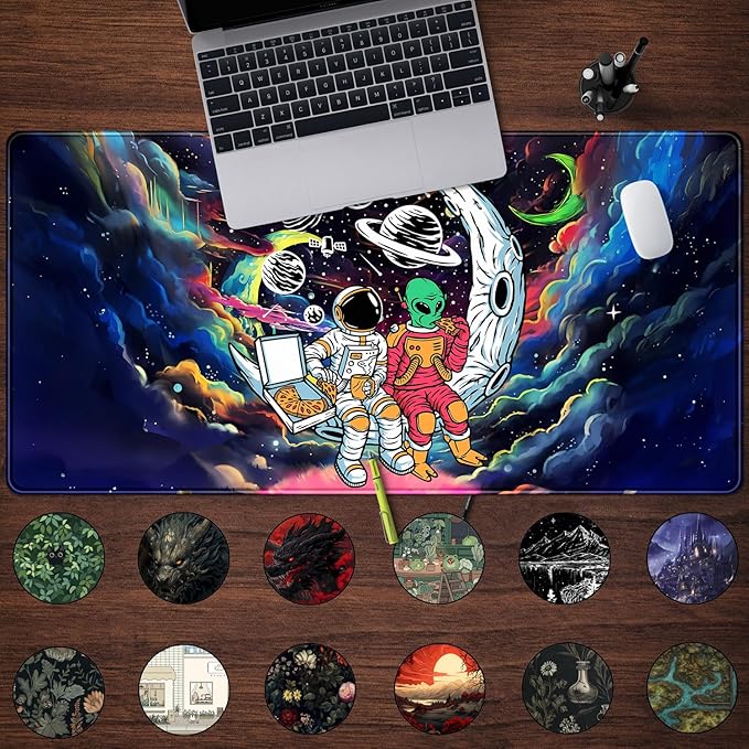 Funny Space Mouse Pad Desk Mat Astronaut Alien Large Gaming Mouse Pads Anime Desk Pad Mousepad XXL Cool Trippy Universe Extended Keyboard Mat with Stitched Edges Anti-Slip, 31.5 X 15.8 in