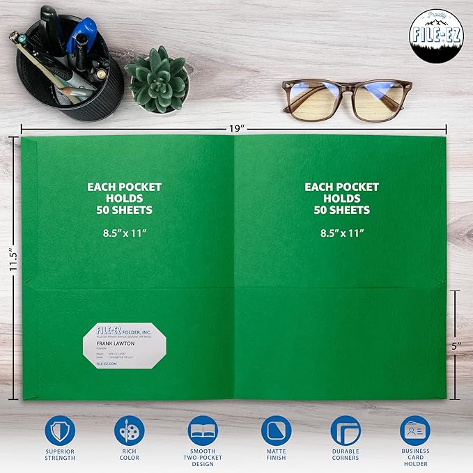 FILE-EZ Two-Pocket Folders, Green, 125-Pack, Textured Paper, Letter Size (EZ-32460)