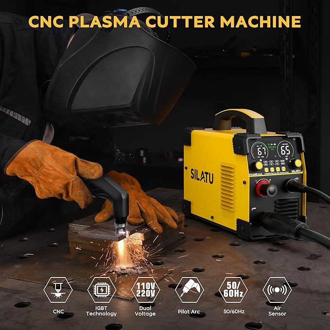 SILATU CNC Plasma Cutter Machine, 65Amp Blow Back Pilot Arc Air Sensor Technology, Large Screen Display, 110V/220V Dual Voltage Non-Touch CNC Plasma Cutting Machine, 16mm Clean Cutting Thickness