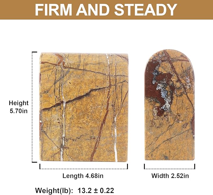 Koville Indian Natural Marble Bookends for Shelves, Book Ends for Heavy Books, 13LBS Ultra Heavy Duty Book Holders, Triumphal Arch Bookends Bookshelf Decor for Movies/CDs/Video Games(Rainforest Gold)