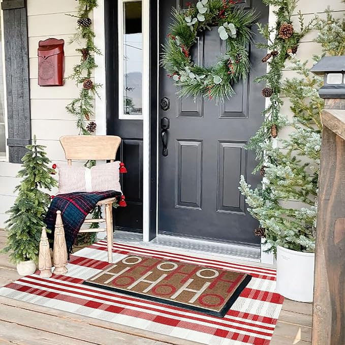 Christmas Door Mat Outdoor 27.5” x 43” Red and White Plaid Rug Christmas Decor Rug Cotton Hand-Woven Layered Door Mats Washable Carpet for Front Porch, Kitchen, Farmhouse, Entryway (27.5” x 43”)