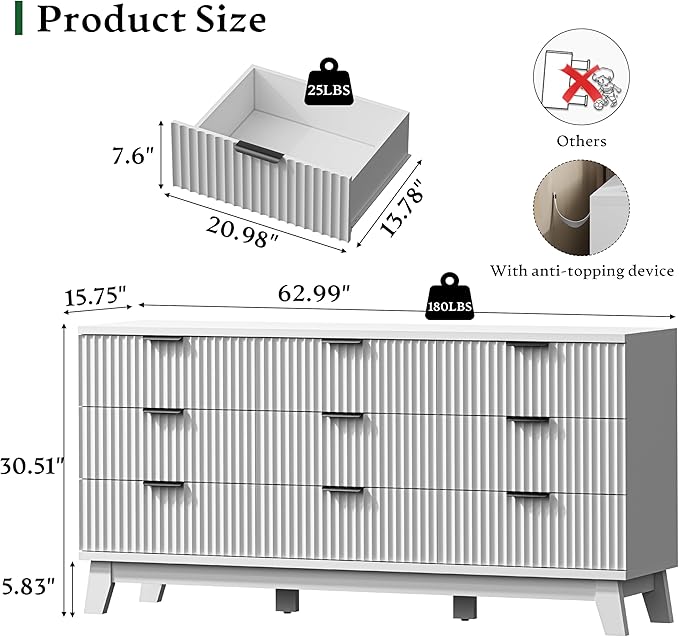 Fluted Dresser with 9 Drawers, 63" Wide Modern Chest of Drawers with Metal Handle, Wooden Dresser TV Stand, Wood Closet Clothes Storage Organizer for Bedroom, Living Room, Hallway, Solid White