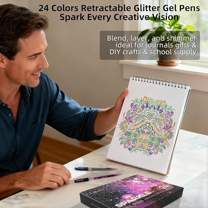 Stocking Stuffers for Teen Girls Boys,24 Colors Retractable Glitter Gel Pens, Metallic Sparkle Gel Pens for Adult Coloring Books,Sparkle Glitter Pens for Drawing Writing Journaling, Christmas Gifts