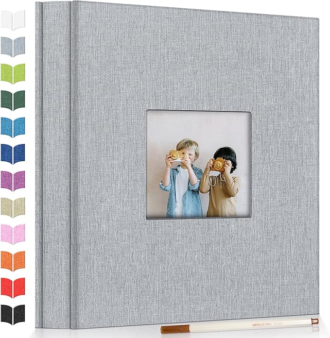 Photo Album Self Adhesive Scrapbook Album for 3x5 4x6 5x7 8x10 Pictures,120 Pages Linen Cover with Display Window DIY Photo Book,Ideal Gifts for Family Travel Wedding Baby