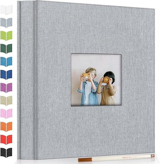 Photo Album Self Adhesive Scrapbook Album for 3x5 4x6 5x7 8x10 Pictures,120 Pages Linen Cover with Display Window DIY Photo Book,Ideal Gifts for Family Travel Wedding Baby