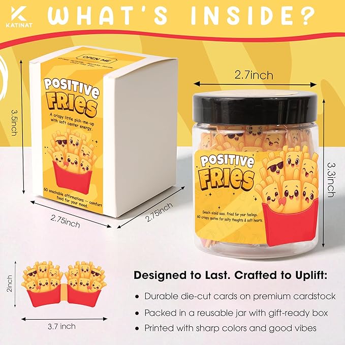 Positive Fries Jar – 60 Funny Affirmation Cards, Emotional Support Fries for Friends, Teens, Coworkers, Funny Foodie Gifts for Stress Relief and Positivity