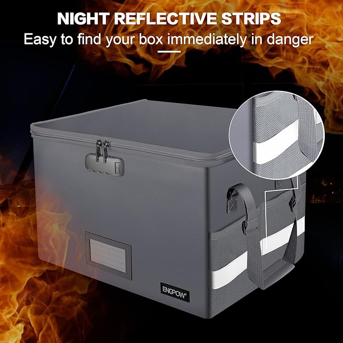 ENGPOW File Box with Lock, Fireproof Document Box with Zipper＆Pockets, Collapsible File Organizer Filing Storage Cabinet with Handle, Portable Home Office Safe for Hanging Letter/Legal Folder,Silver